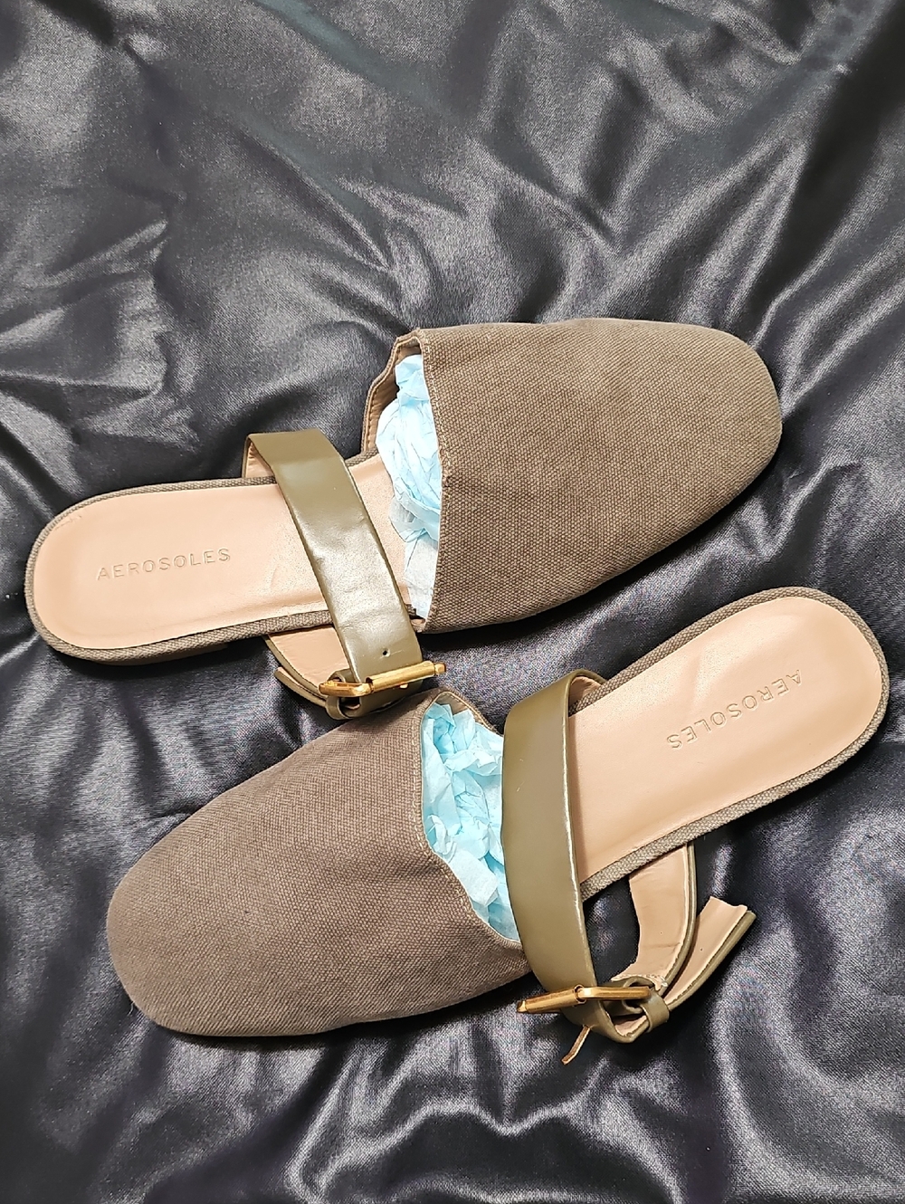 AEROSOLES Taupe Slip-On Mules with Olive Buckle Strap